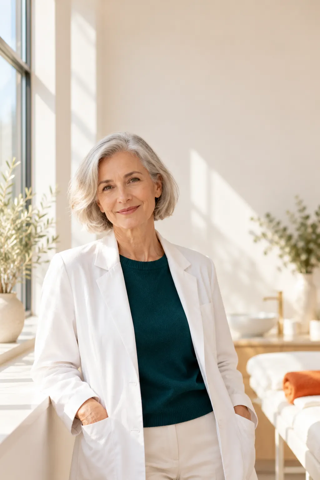 Dr. Ines Marlowe, Selune's founder, standing by a window in the clinic