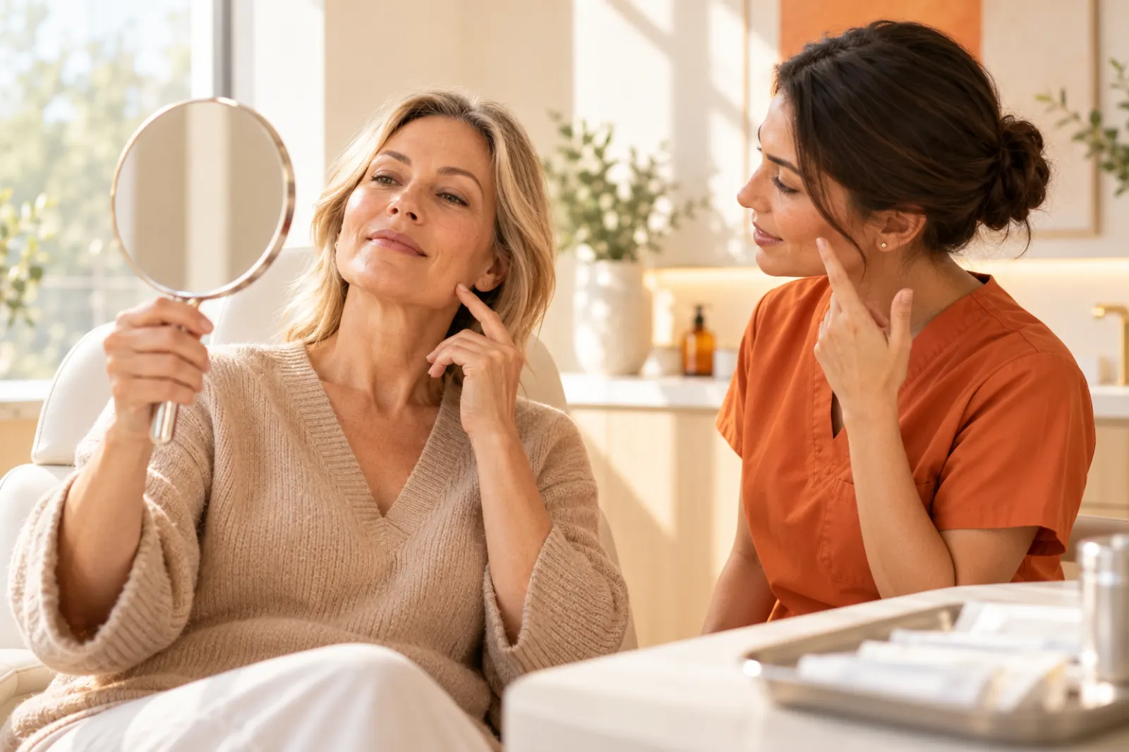 A patient looking into a hand mirror while a nurse talks her through the options