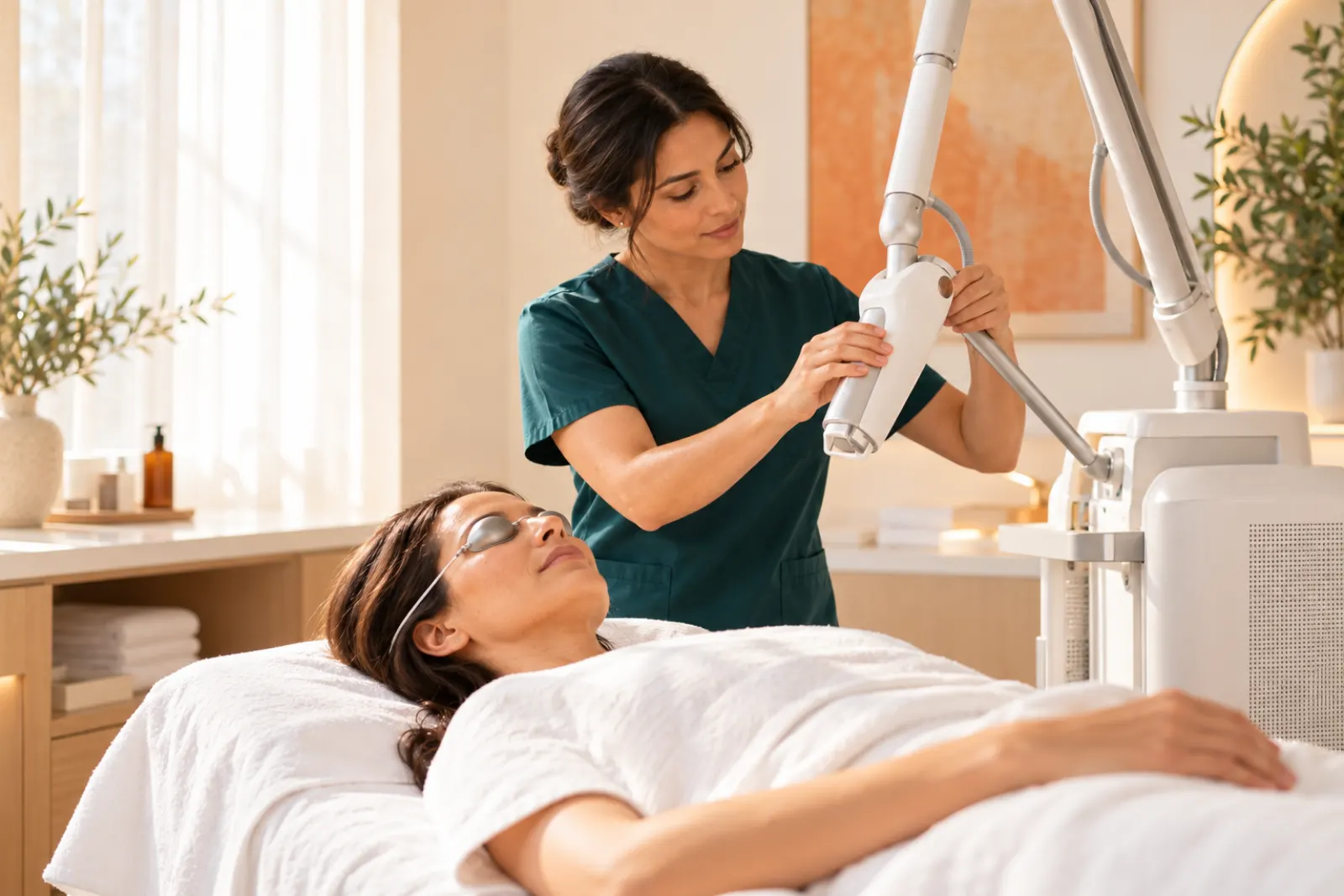 A practitioner in teal scrubs preparing a laser device beside a resting patient