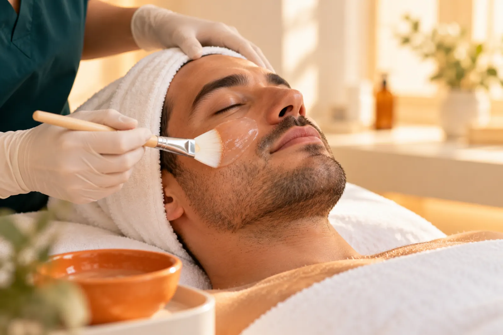 Gloved hands brushing a clear gel mask onto a relaxed man's cheek